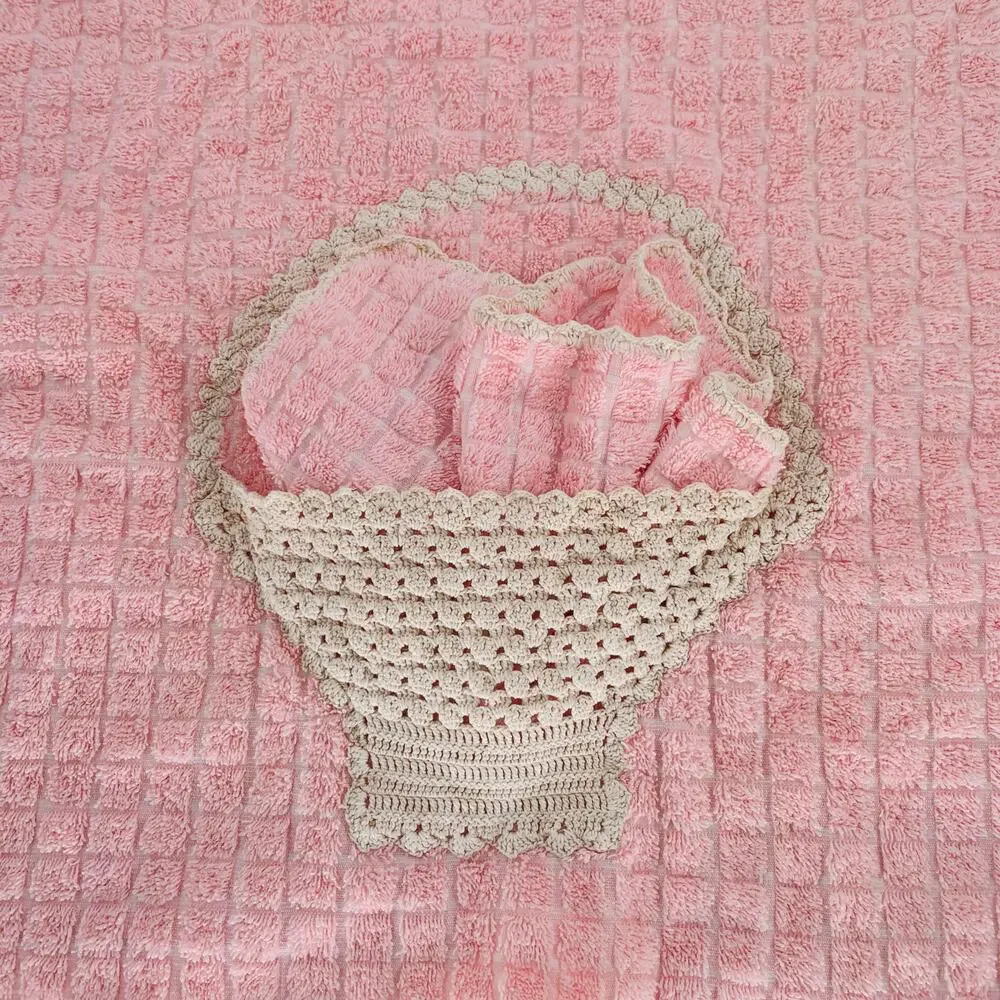 Vintage Bath Towel Set Penny's Pink Fringed Crochet Basket Edging Cotton Gift